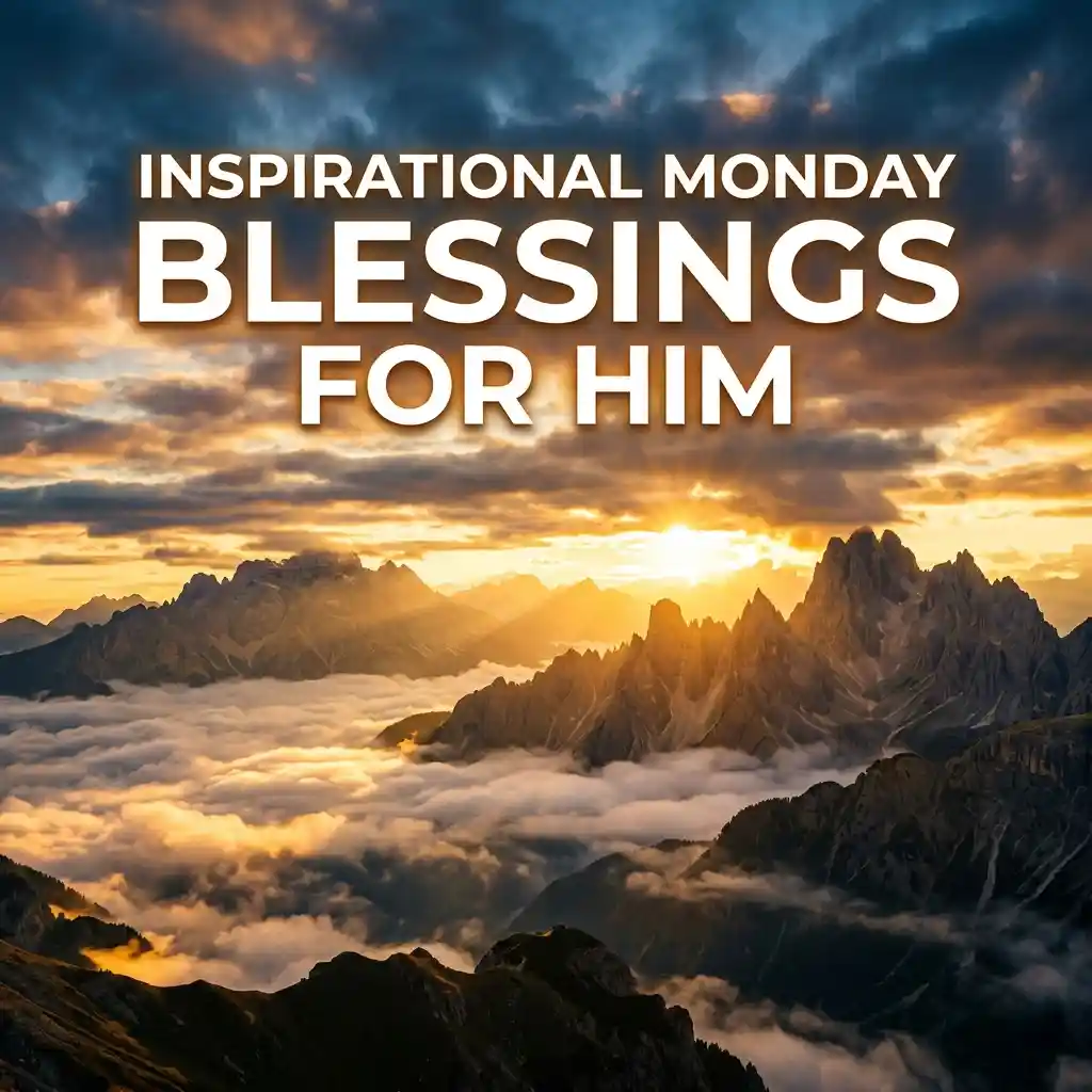 Inspirational Monday graphic featuring bold white text over a dramatic sunset view of jagged mountain peaks rising above a sea of low-lying clouds.