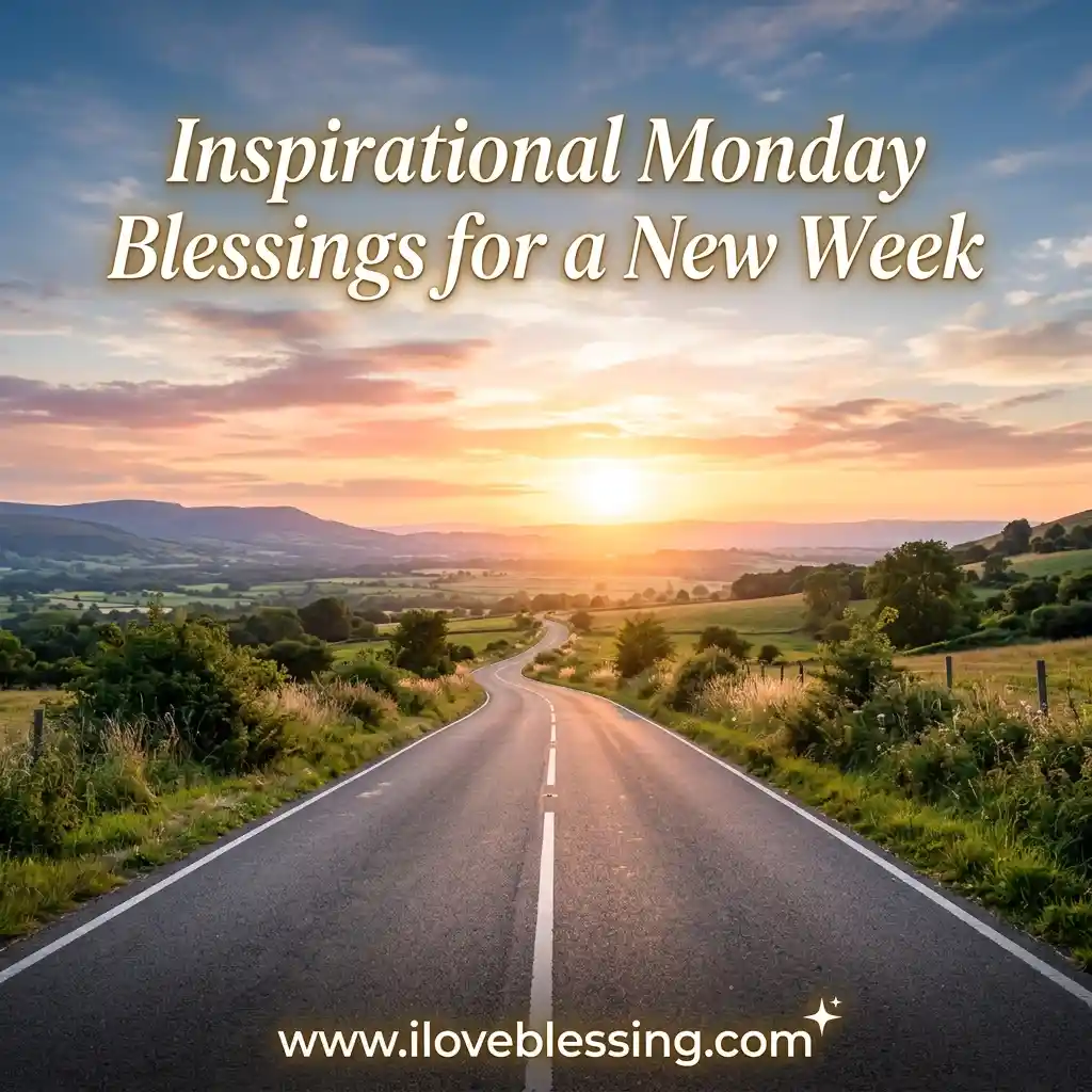Open road under a vibrant sunrise, flanked by lush fields and hills. Text reads "Inspirational Monday Blessings for a New Week." Tone: hopeful and uplifting.