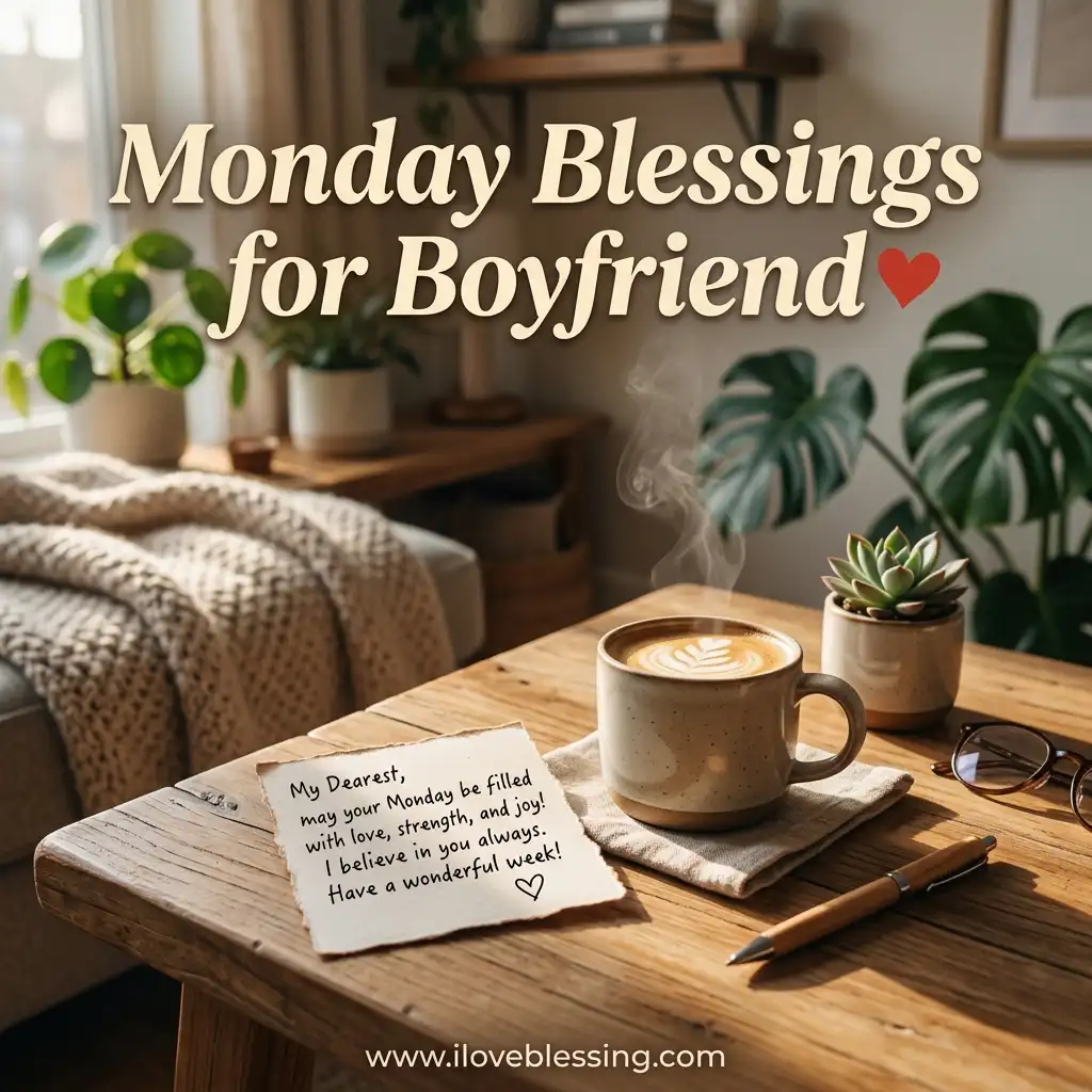 A cozy morning scene features a steaming cup of coffee with latte art, a handwritten note wishing a boyfriend a blessed week