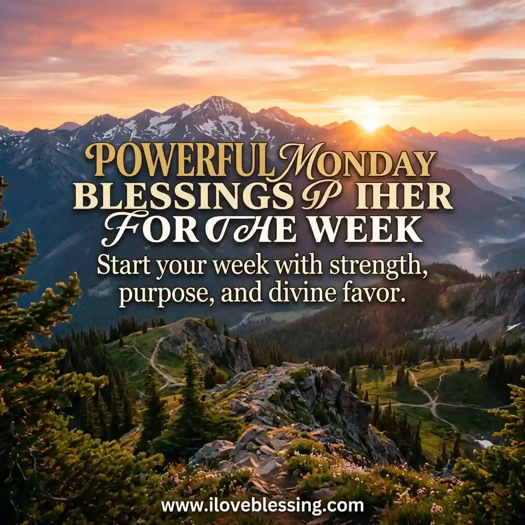 Mountain landscape at sunrise with a vibrant sky, lush greenery, and rocks. Text reads: "Powerful Monday Blessings for the Week. Start your week with strength, purpose, and divine favor."