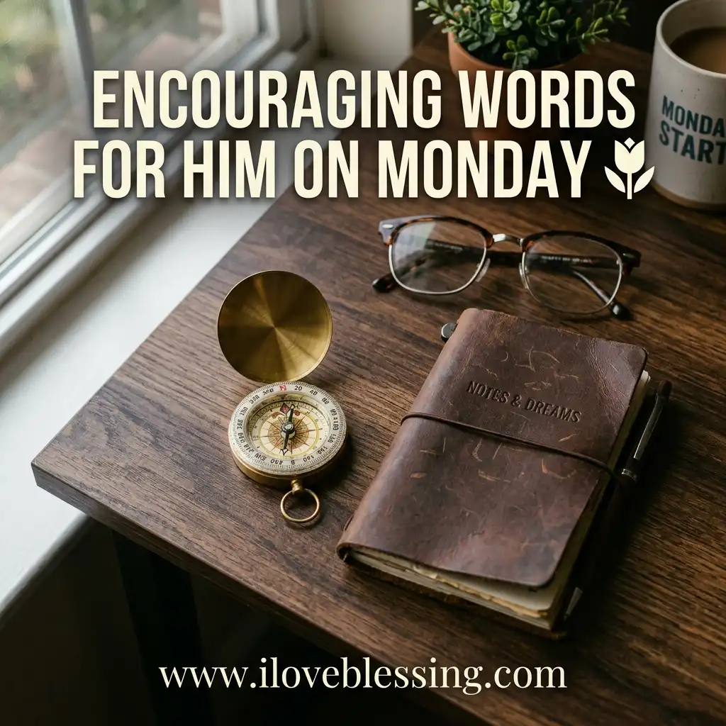 Text overlay reading "ENCOURAGING WORDS FOR HIM ON MONDAY" sits above a rustic wooden desk featuring a brass compass, a leather-bound "NOTES & DREAMS" journal, reading glasses, and a small potted plant.