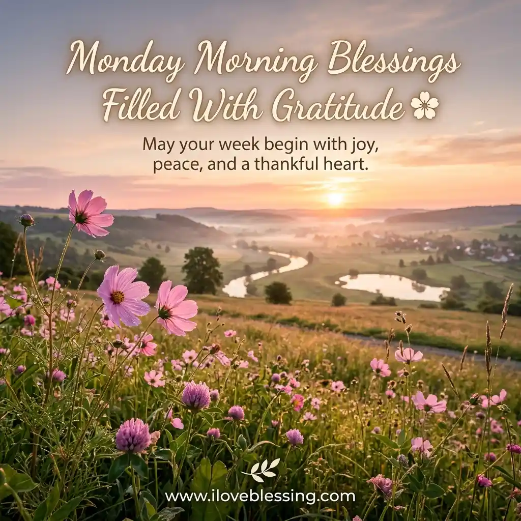 Serene sunrise over a valley with pink flowers in the foreground. Text reads "Monday Morning Blessings Filled With Gratitude." Peaceful and uplifting mood.