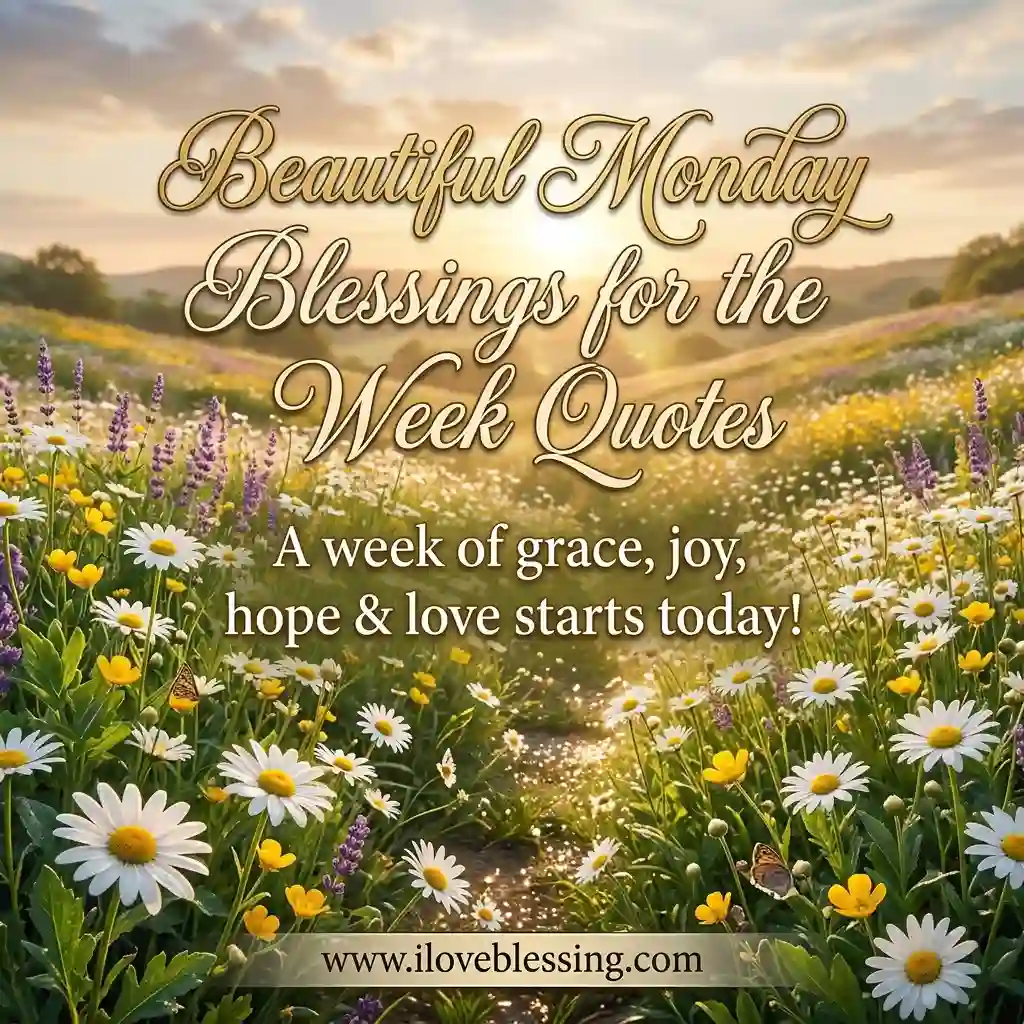 A sunny meadow filled with daisies and lavender under a sunrise. Text reads: "Beautiful Monday Blessings for the Week Quotes. A week of grace, joy, hope & love starts today!"