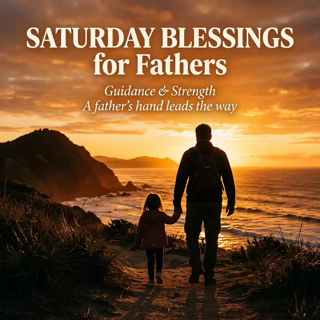 Silhouette of a father holding a child's hand while walking toward a dramatic ocean sunset over coastal hills, overlaid with text reading "SATURDAY BLESSINGS for Fathers."