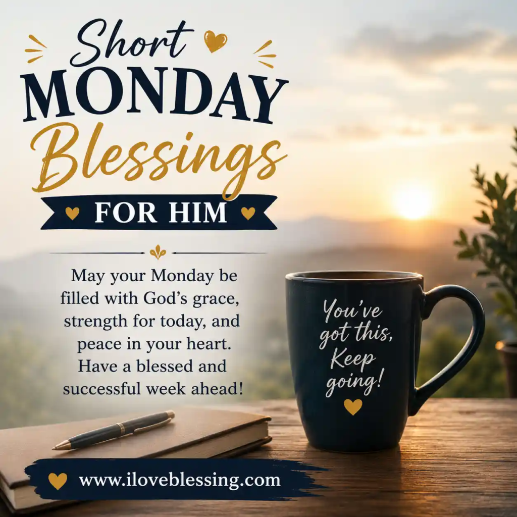 Inspirational graphic featuring a dark mug with "You've got this, Keep going!" next to a notebook at sunrise, conveying "Short Monday Blessings For Him."