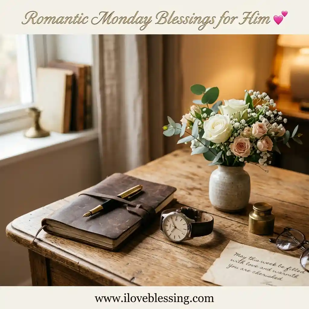 A rustic wooden desk holds a leather-bound journal with a pen, a wristwatch, a small vase of white and blush roses, and a handwritten note wishing love and warmth for the week.