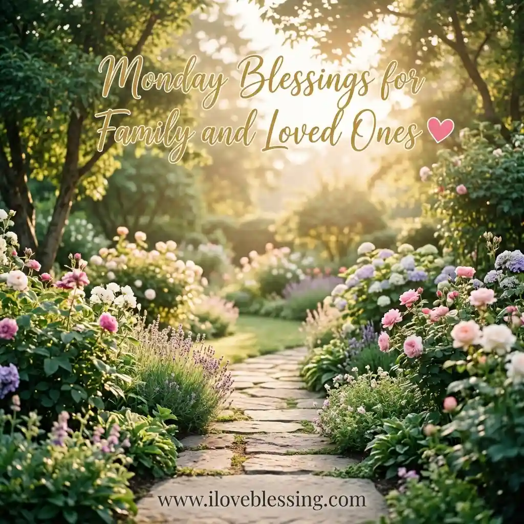 A stone path winds through a lush garden filled with blooming pink, purple, and white flowers. Sunlight filters through trees. Text reads: "Monday Blessings for Family and Loved Ones."