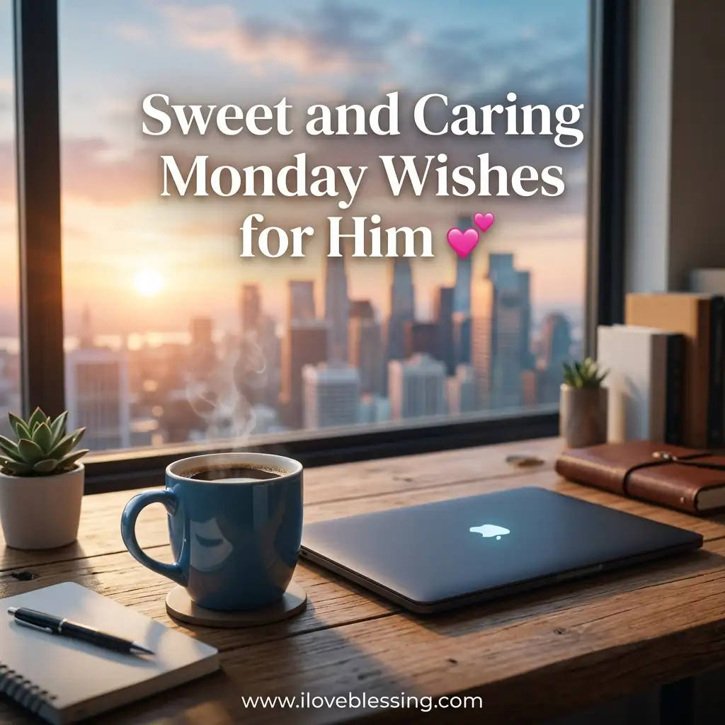 A wooden desk with a steaming blue coffee mug, closed laptop, notebook, and succulent overlooks a sunlit city skyline through a window with text reading "Sweet and Caring Monday Wishes for Him."