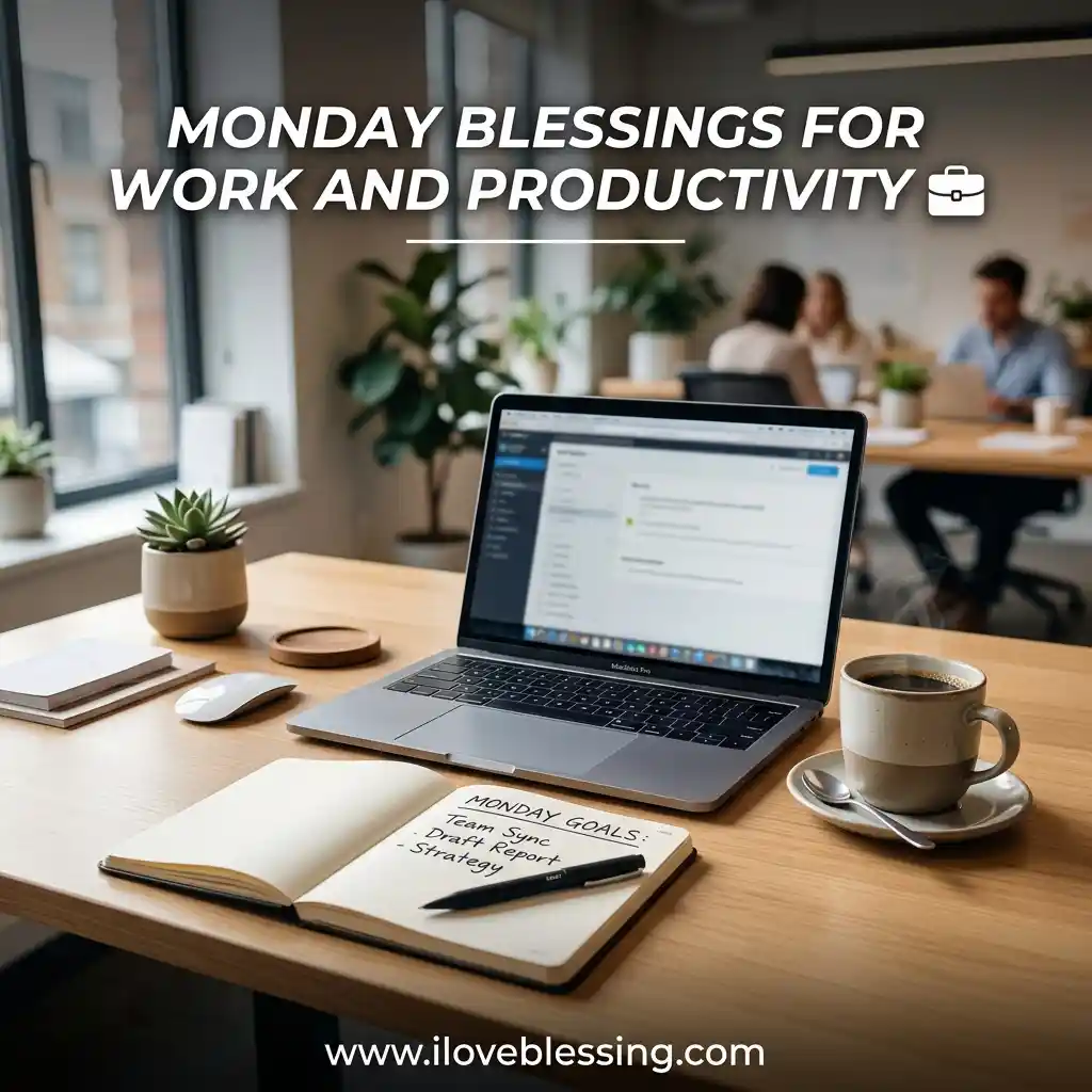 Modern office setup with a laptop, coffee, notebook labeled "Monday Goals," and plants. Text reads "Monday Blessings for Work and Productivity."