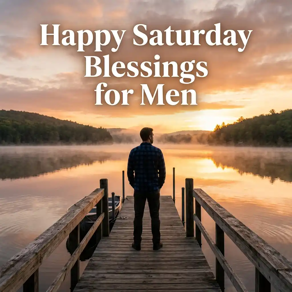 Man standing on a misty wooden dock overlooking a lake at sunrise, overlaid with the text "Happy Saturday Blessings for Men."