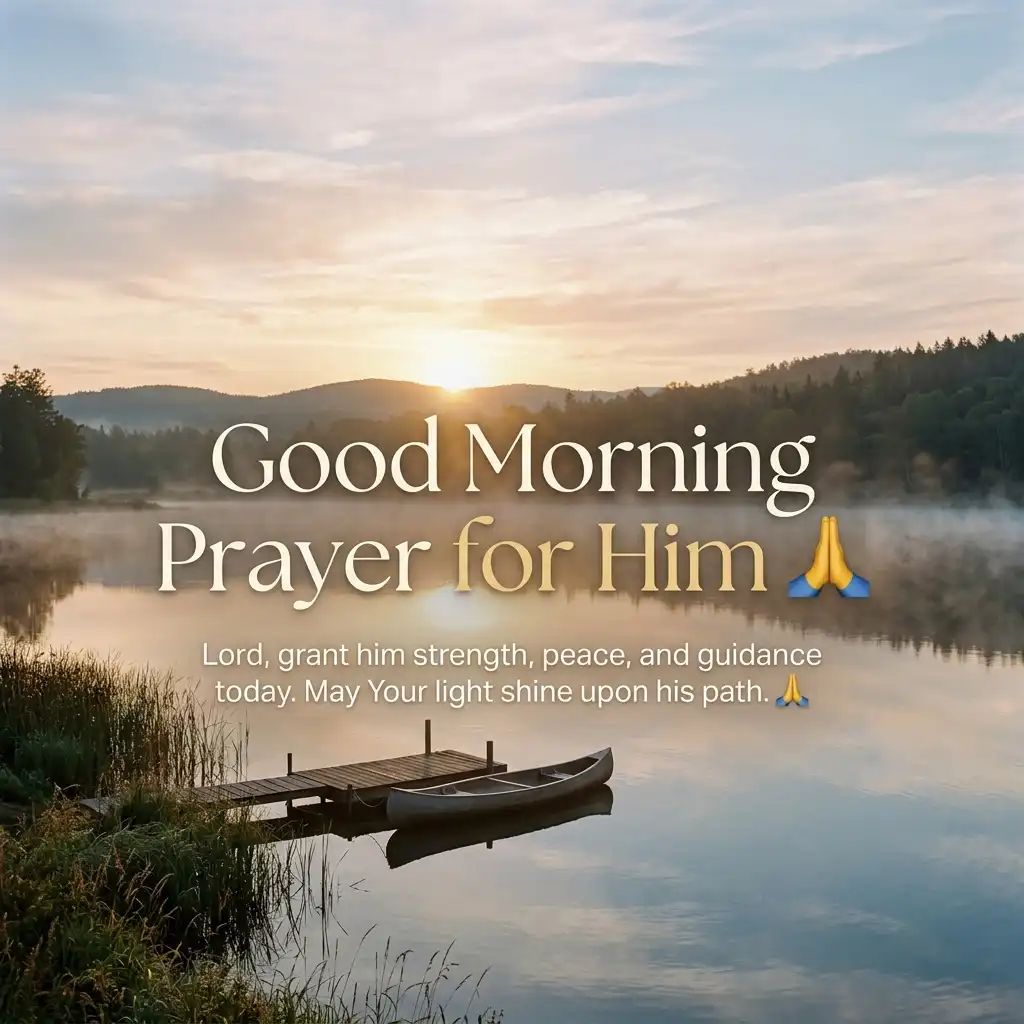Serene misty lake sunrise with a wooden dock, a canoe, and overlaid text reading "Good Morning Prayer for Him" with a blessing.