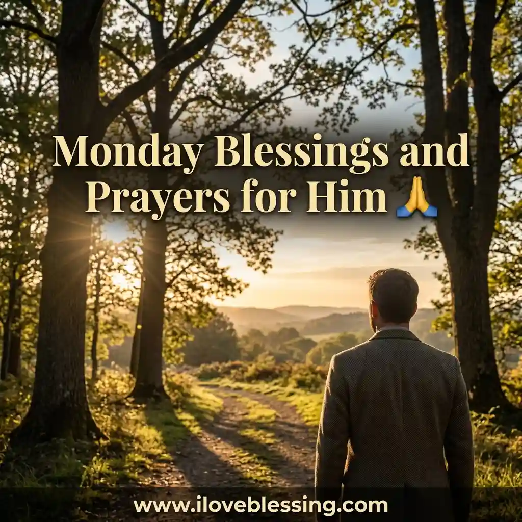 Man in a suit stands on a sunlit dirt path looking over rolling hills, with text reading "Monday Blessings and Prayers for Him 🙏".