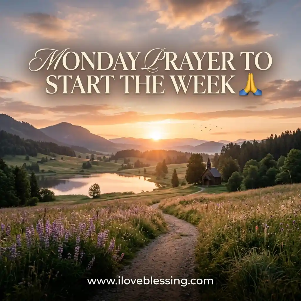 Sunrise over a tranquil landscape with a winding path, wildflowers, and a serene lake. Text reads "Monday Prayer to Start the Week" with a prayer emoji.