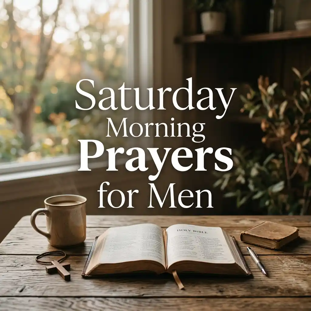 Text overlay "Saturday Morning Prayers for Men" on a rustic wooden table featuring an open Bible, a wooden cross necklace, a steaming mug, and a pen beside a closed book, with a bright window view in the background.