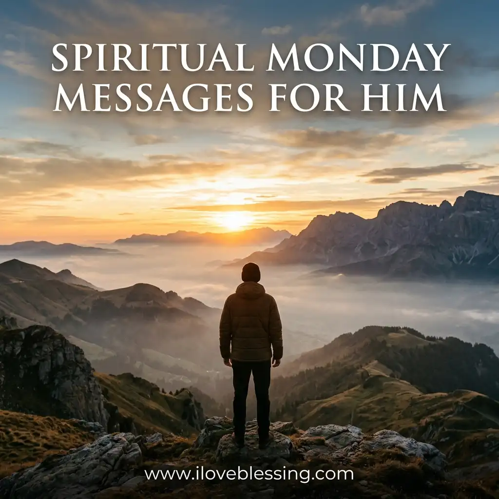 A solitary figure stands on a rocky mountain peak looking out over a foggy valley at sunrise with the text "SPIRITUAL MONDAY MESSAGES FOR HIM" overlaid.