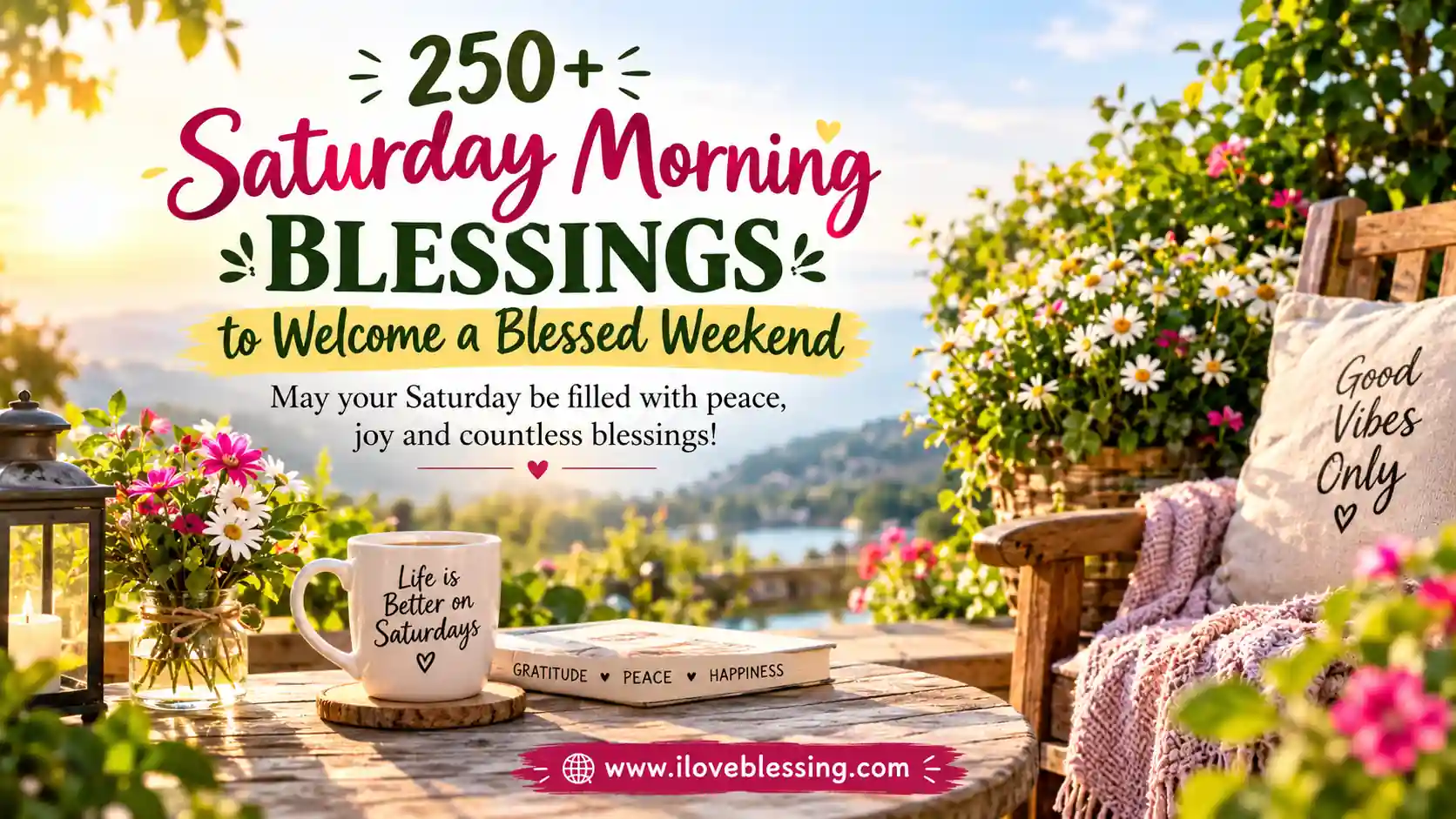 A wooden table on a sunny patio features a coffee mug reading Life is Better on Saturdays, a book labeled Gratitude, Peace, Happiness, and a bouquet of flowers, with text overlay reading 250+ Saturday Morning Blessings.